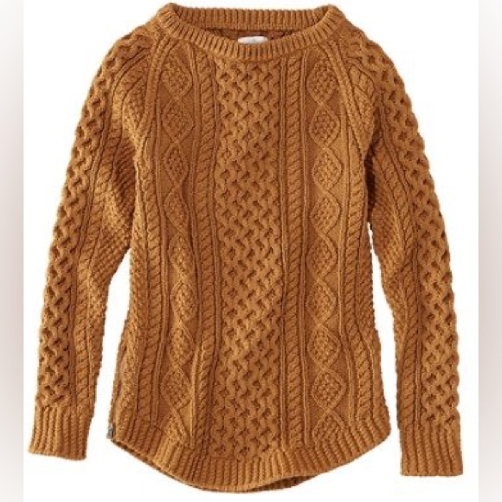 L.L. Bean Signature Cotton Fisherman Tunic Sweater Side Zips Cable Knit Orange
